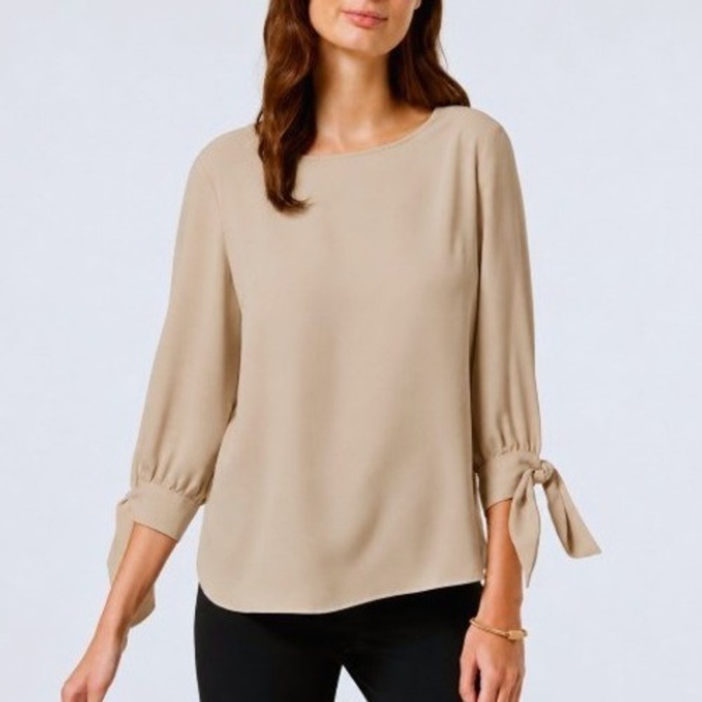 Nine West Beige Crepe Blouse 3/4 Bow Tie Sleeves Neutral Minimalist Career M
